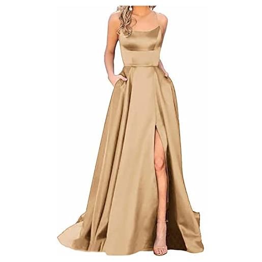 DSAoTeng abito da sposa da donna, abito estivo con spalle scoperte in raso con spacco per damigella d'onore, con tasche, spalline sottili, linea a, abito da sera formale, b-beige. , s