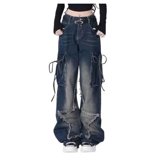 Hugboom pantaloni larghi per donne e ragazze jeans carini y2k pantaloni stella gamba dritta abbigliamento streetwear, 1#blu, m