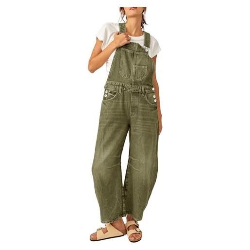 Generic salopette da donna in denim, gamba cilindrica, cinturino regolabile, jeans, pantaloni tuta con tasche, verde militare, xl