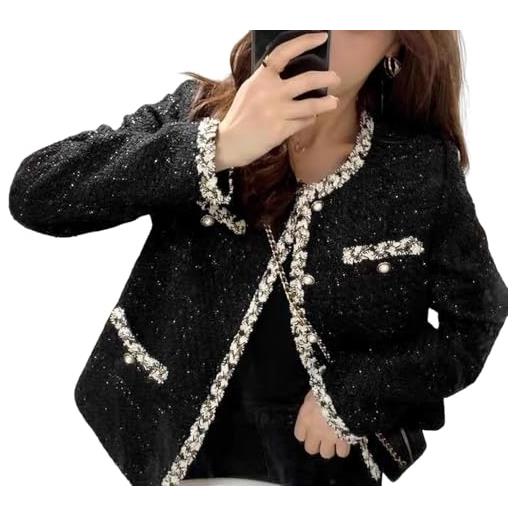 DSAoTeng giacca corta da donna in tweed con colletto rotondo scozzese con abbottonatura corta blazer casual elegante vintage chic giacca corta da ufficio abbigliamento da lavoro, nero , s