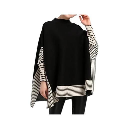 Vsadsau maglione primaverile da donna, scialle lavorato a maglia, con maniche a pipistrello, collo alto, poncho largo, nero , etichettalia unica
