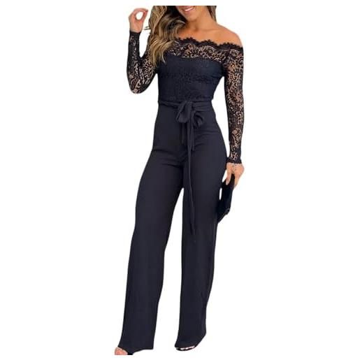 Generic donne dressy tute casual un pezzo abiti off spalla pizzo trim tute pantaloni gamba dritta (nero, xl)