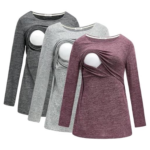 DDLUYY 3 confezioni di vestiti premaman a maniche lunghe da donna per allattamento al seno camicie da allattamento top, nero+grigio+rosso, s