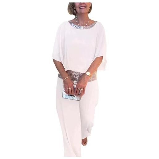 Suncadmious set di pantaloni in chiffon a due pezzi per donna paillettes 3/4 manica a pipistrello elegante pantalone abiti formali festa serale (bianco, 3xl)