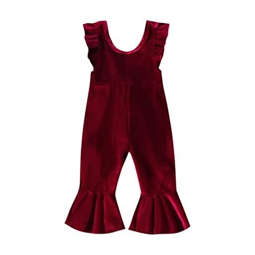 Alunsito pantaloni per bretelle in velluto tinta unita per neonata pantaloni tuta autunno inverno senza maniche volant complessivo pantaloni a campana 110 vino rosso 2-3 anni