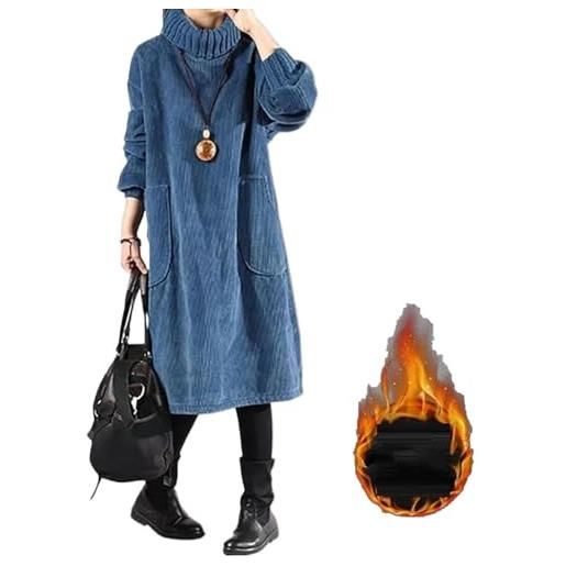 DSAoTeng abito lungo da donna in pile spesso a maniche lunghe, collo alto, casual, alla moda, oversize, tinta unita, caldo, in velluto a coste, tunica midi abito invernale, blu, 4xl
