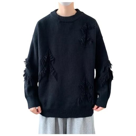 Pohullan Uomini Strappati Maglioni In Maglia Tinta Unita Girocollo Oversize Coppia Maglione Inverno Maglia Streetwear, cachi, M