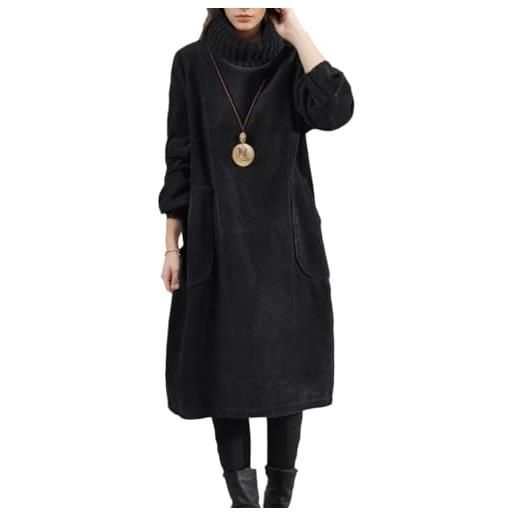 Hecatombic donne inverno velluto a coste cattura abito spesso manica lunga girocollo caldo di grandi dimensioni con tasche abito lungo vintage a-line mini abiti (blu, l)