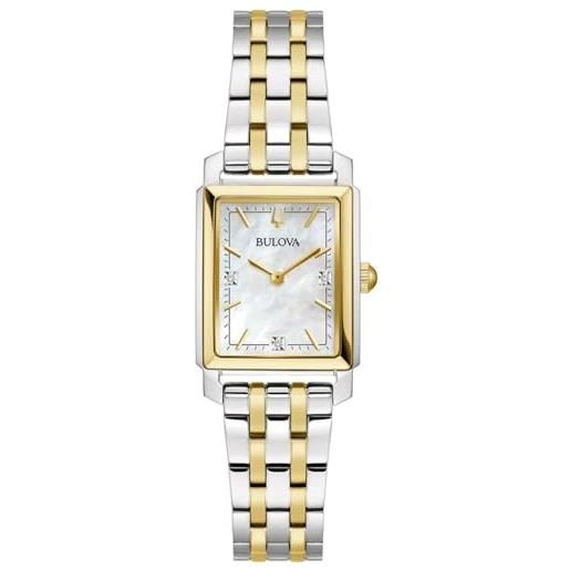 Bulova Orologio Da Donna Al Quarzo 98P189 - Cassa Acciaio 32mm - Quadrante Argento Con 8 Diamanti - Cinturino Bicolore