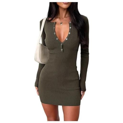 Generico abito in maglia e maglione, vestito da donna in maglia attillata con scollo a v e bottoni, mini abito caldo e morbido elasticizzato a coste per autunno e inverno (green, xl)