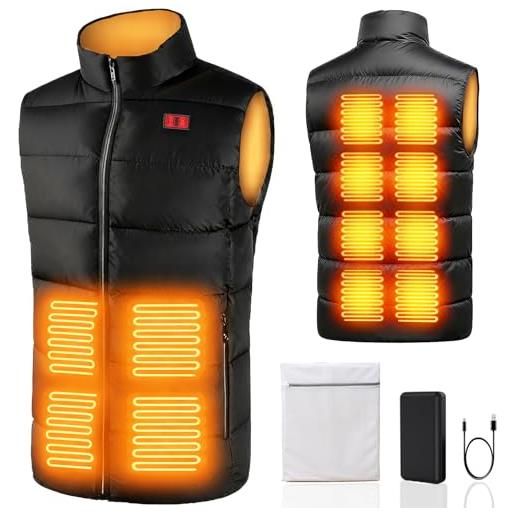 SNZ gilet riscaldato per uomo e donna con pacco batteria, 12 zone di riscaldamento, giacca elettrica riscaldata per esterni, lavoro, campeggio, nero (con batteria da 10000 m. Ah), x-large