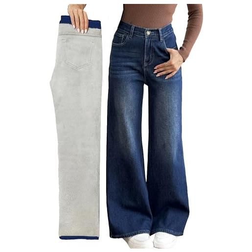 Fakanhui jeans larghi da donna foderati in pile a gamba larga invernali termici caldi in flanella jeans larghi y2k boyfriend denim pantaloni, leggero. , m
