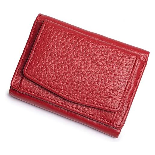 SCHLATUM piccolo portafoglio da donna in vera pelle rfid blocco tre volte piccoli portafogli con bottone a pressione portamonete 7 carte solts, rosso, moderno