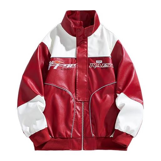 Caxndycing giacca bomber da uomo college oversized patchwork giacche stampate vintage 90s racing zip manica lunga sweat jacket vintage letter racer varsity giacca da baseball, colore: rosso, xxl