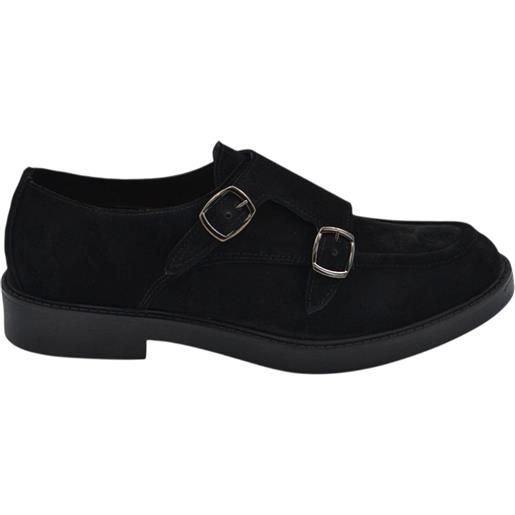 Malu Shoes scarpa uomo derby nero doppia fibbia argento in camoscio spazzolato cucitura in punta fondo gomma roccia alto handmade