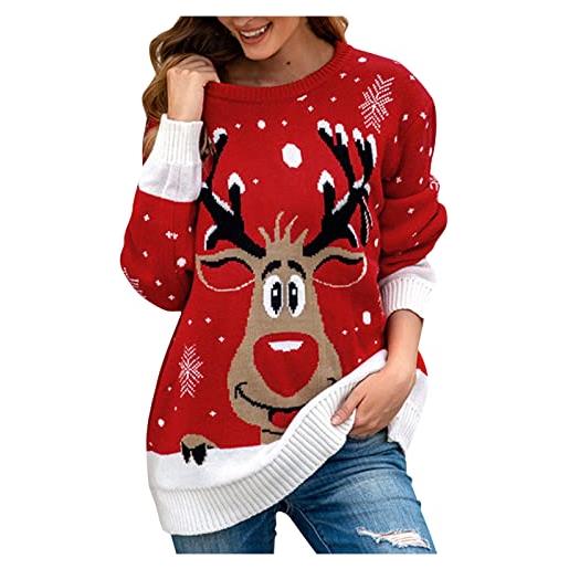 LCpddajlspig maglione natalizio donna elegante pullover girocollo manica lunga maglia con renne e fiocchi di neve maglione natale donna caldo invernale natalizia rosso m