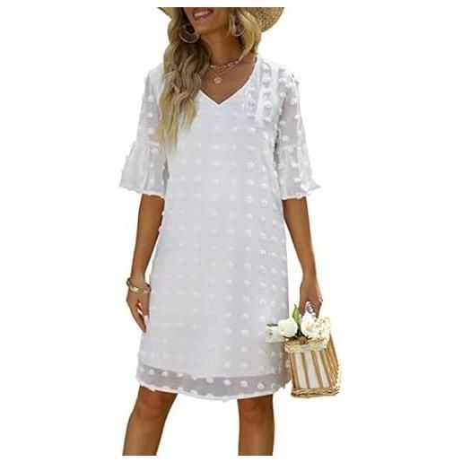 TANMESSO mini abito estivo da donna a maniche corte con scollo a v in chiffon a pois svizzeri, bianco, xl