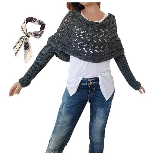 Gienslru coprispalle per cavi lavorati a maglia, coprispalle da donna, avvolgicavo lavorato a maglia, sciarpa con maniche, grigio scuro, taglia unica
