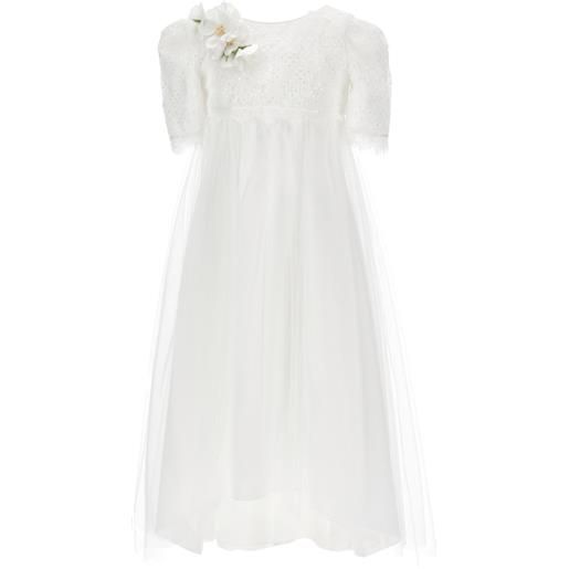 Monnalisa abito con applicazione fiori e paillettes - bianco
