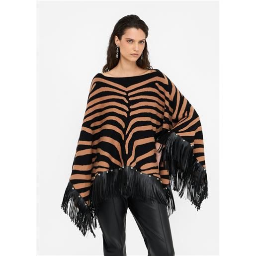LIUJO liu jo poncho zebrato con frange, beige zebrato