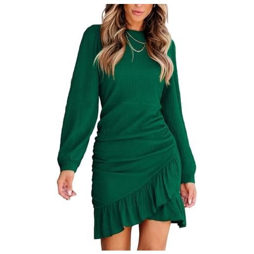 CUPSHE abito autunnale da donna in maglia increspato con punto smock orlo a volant girocollo manica lunga aderente sexy casual vacanza mini abito, blu navy, m