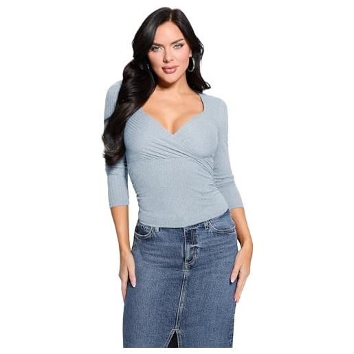 GUESS top amira a maniche lunghe da donna a costine arricciate, blu coronado, xs