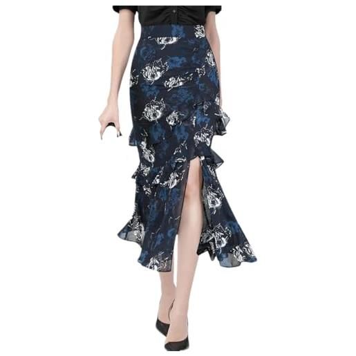 Hdhdeueh gonna da donna in chiffon con stampa floreale, lunghezza media, gonna increspata a sirena che scorre con fessura sottile, blu, m