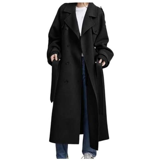 Generico cappotto doppiopetto invernale da donna classico ed elegante in misto lana con revers trench lungo in tweed ampio e casual stile business (nero, m)
