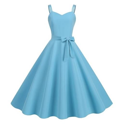 SAGESWA abito vintage da donna anni '50 con spalline sottili stile rockabilly midi stile principessa per festa del tè a trapezio audrey hepburn anni '50 e '60 con cintura blu xs