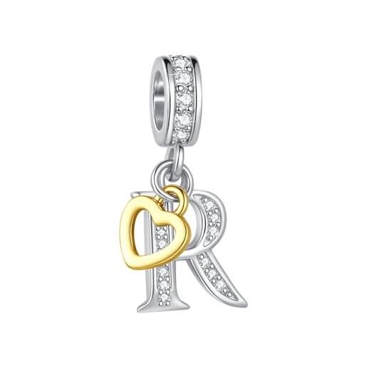 FGT - ciondolo a forma di cuore con lettera iniziale a-z in oro rosa a due tonalità, adatto per braccialetti pandora charms, per compleanno, donne, alfabeto, nome, one size, rame zirconia cubica