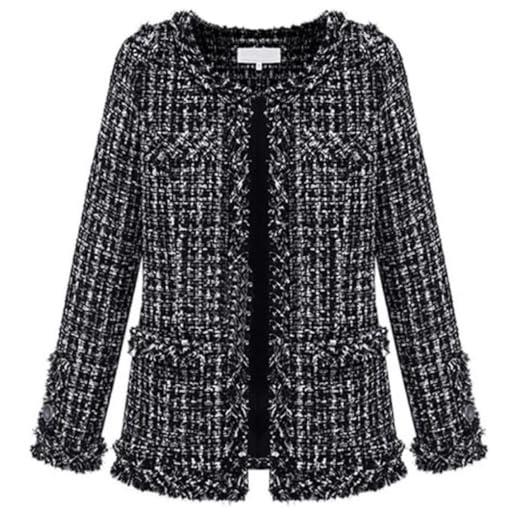 Leyoutx blazer da donna in tweed scozzese senza colletto elegante aperto sul davanti con frange casual da lavoro giacca glitterata, rosa, medium