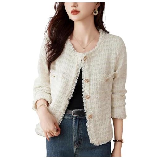 Hecatombic cappotto in tweed da donna cardigan corto con bottoni cardigan giacca casual a maniche lunghe giacca corta elegante e sottile giacca corta scozzese da ufficio (albicocca, s)