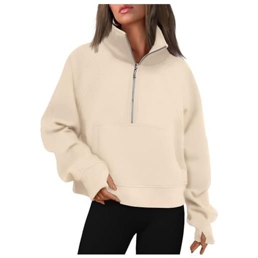 WYNNQUE pullover da donna con cerniera a quarto felpe oversize in pile corto con mezza zip felpe con cappuccio vestiti autunnali maglioni foro per il pollice, albicocca, medium