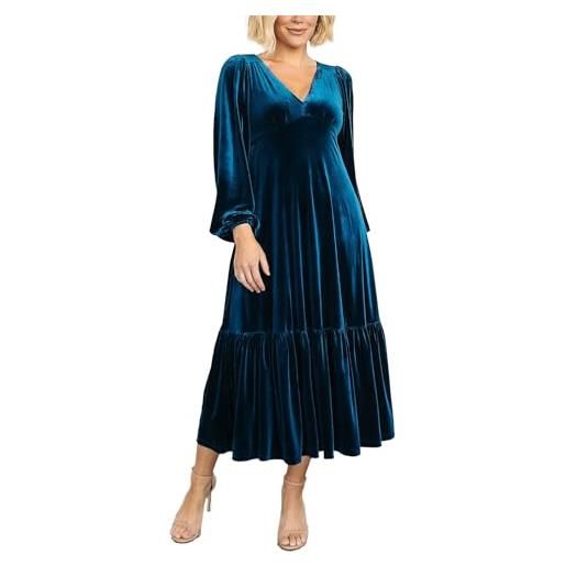 RICOCHO abito maxi fluido da donna in velluto a maniche lunghe, abito maxi a trapezio in velluto per feste da sera