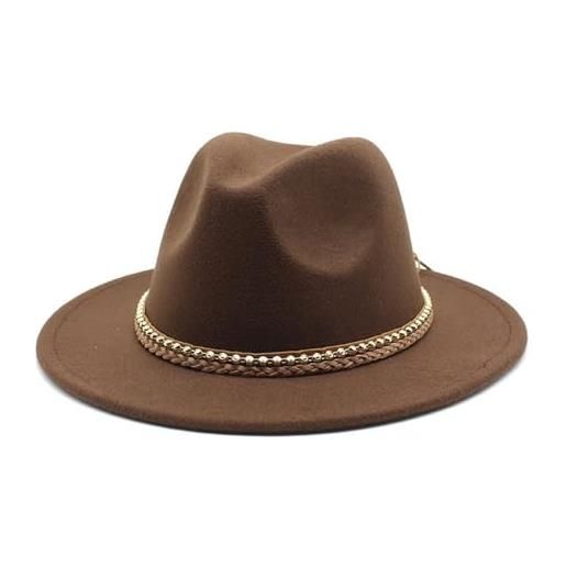 NOAMED fengyan cappelli autunno e inverno nuovo cappello di lana cappello a tesa piatta da donna con catena in metallo cappello jazz a tesa larga da uomo (colore: coffee, dimensione: l(58-60cm))