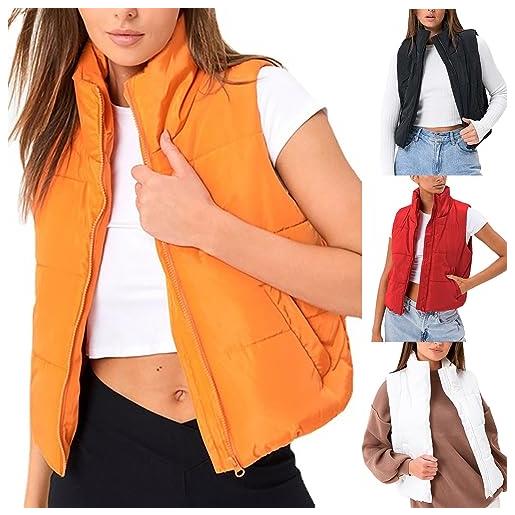 Générique piumino donna inverno caldo corto, piumino donna senza maniche grande taglia cappotto con tasca e zippato cappotti autunno chic giacca casual versatile gilet tinta unita loungewear, arancione, l