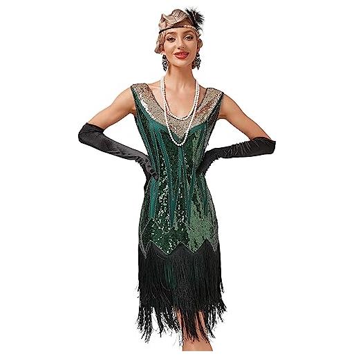 IMEKIS abito da donna anni '20, grande gatsby, senza maniche, scollo a v, con paillettes, con frange, vintage, da cocktail, da sera, per feste a tema, oro, xxxl