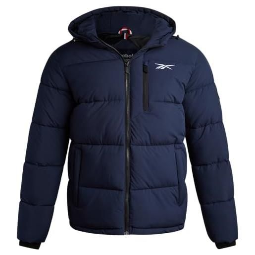 Reebok giacca invernale da uomo, resistente alle intemperie, trapuntata, calda, con cappuccio e tasche, blu navy vector, large