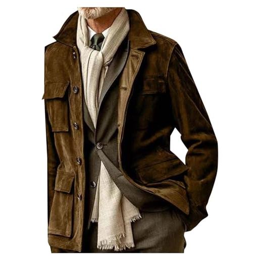 Bauzuoyo - cappotto da uomo, giacca invernale, con chiusura a bottoni e tasche multiple, autunno e inverno, giacca calda, in pelle scamosciata, lunga, giacca da tempo libero, caffè, xl