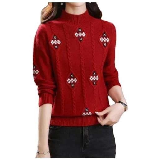 Maglione Crop Top Donna Collo Alto Maniche A Sbuffo - Filato Di Lana Rosso - Taglia Unica