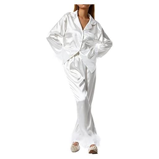 Set Notte Maniche Lunghe Pigiama Donna SWOMOG In Raso 2 Pezzi - Top Maniche Lunghe Bottoni E Pantaloni Comodi Pigiama Di Seta Per Donna - Foto 9