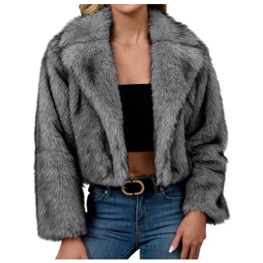 DUHENWU cappotto da donna in pelliccia sintetica, giacca invernale corta, elegante, a maniche lunghe, in pile, caldo, invernale, in tinta unita, con scollo rotondo, casual, in pile, o bianco. , s