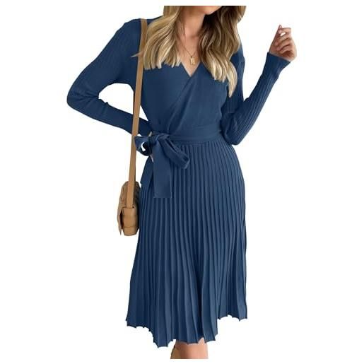 ZESICA abito maglione da donna a maniche lunghe con scollo a v a costine plissettato una linea pullover con cintura, navy, m