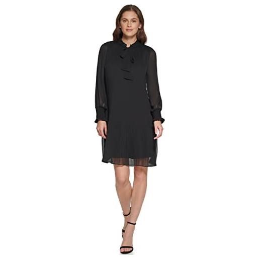 DKNY long sleeve tie neck pleated shift dress vestito, nero, 46 donna