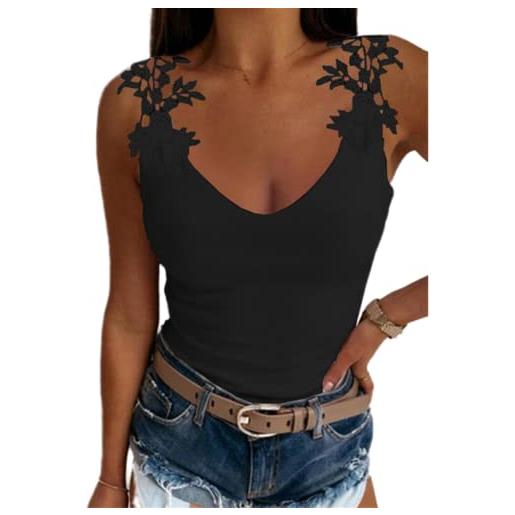 OHXSM top da donna con spalle scoperte t-shirt con scollo a v estivo camicette a maniche corte in pizzo t-shirt eleganti camicie casual in pizzo camicia camicetta solida allentata t-shirt in pizzo solido