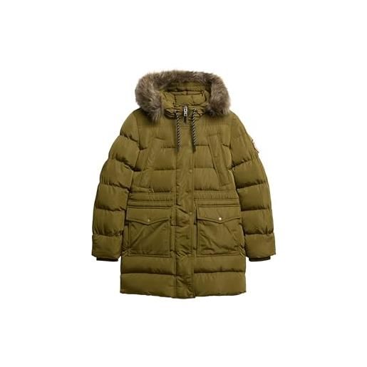 Superdry cappotto imbottito da donna everest a mezza lunghezza con bordo in pelliccia sintetica, verde oliva scuro, 48