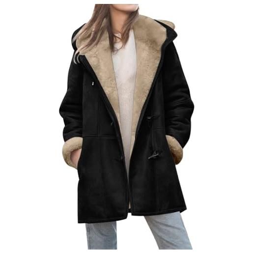 Generic cappotto da donna con bottoni in corno, giacca foderata in pile, cappotti termici casual con cappuccio, giacche larghe di media lunghezza con tasche, alla moda, versatile, capispalla invernale