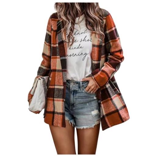 Suncadmious donna flanella plaid shacket giacca casual risvolto button down tartan trench cappotto camicie a maniche lunghe con tasche (arancione, m)