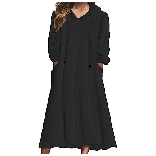 Generisch maglione da donna in pile, abito invernale, abito midi bianco, maniche a 3/4, colore puro, tasca, inverno, cappuccio, nero , m