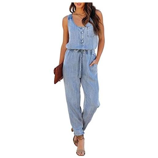 Vagbalena tuta da donna senza maniche in denim senza maniche girocollo senza maniche con coulisse in vita tuta in denim con tasche alla moda estiva (blu, m)